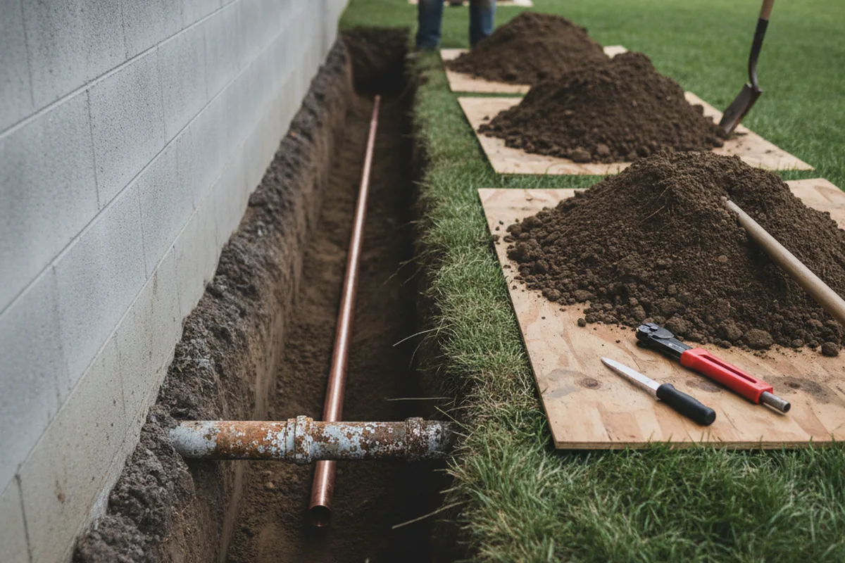 Excavated water line trench during Water Softener Installation in Hometown